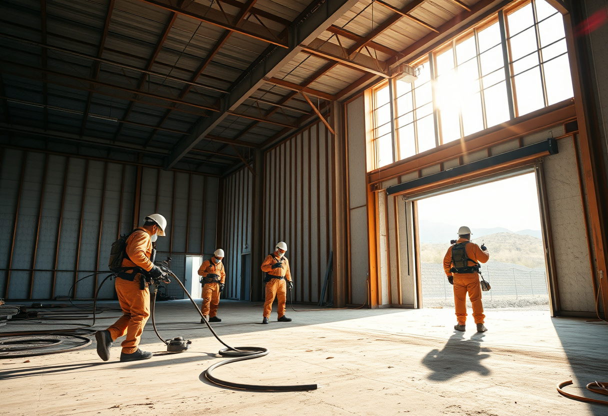 Spray foam insulation crew working inside a large commercial construction site in Arizona