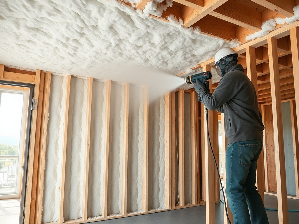 Spray foam insulation being applied inside a multi-family construction project